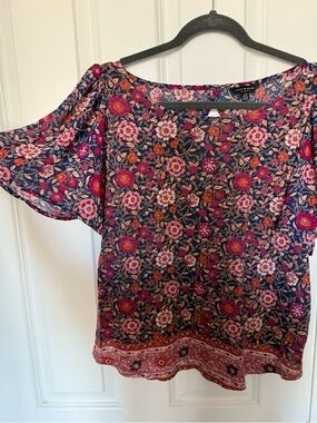 Lucky Brand flutter sleeve cutout open back boho floral print colorful artsy top